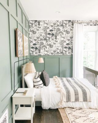 Rustic Bedroom Lamps, Wallpaper Design For Bedroom, Grey Bed Frame, Gorgeous Bedrooms, Bedroom Photos, Board And Batten, Bedroom Green, Bedroom Lamps, Rustic Bedroom