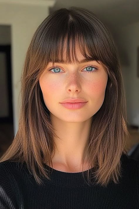 Straight Chestnut Brown with Soft Bangs, shoulder length hairstyle with bangs Brunette Bangs Straight Hair, Bangs With Straight Hair Medium, Dark Blonde With Bangs, Brunette Bangs Shoulder Length, Medium Brown Hair With Bangs, Shoulder Length Hair With Wispy Bangs, Shoulder Length Bangs, Partial Bangs, Shoulder Length Haircuts With Bangs