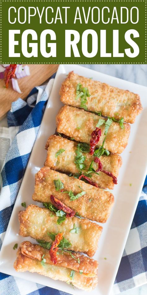 Avocado Egg Rolls Bjs Recipe, Cpk Avocado Egg Rolls Recipe, Hungry Root Copycat Recipes, Bitesize Desserts, Cheesecake Factory Avocado Egg Rolls, Fried Egg Rolls, Cilantro Dipping Sauce, Copycat Cheesecake Factory, Avocado Party