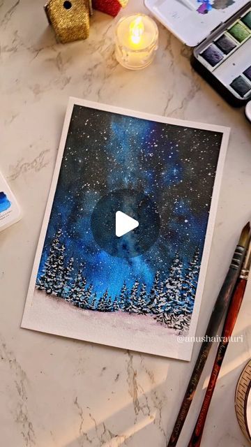 Anusha Ivaturi | Multi-Media Artist on Instagram: "Night sky ✨️🩵 How did you like the process? I'd love to know your thoughts! . I'm slowly unpacking and getting a bunch of things to settle into my new space 😃 I am sure it's going to take a while to set everything up, so please bare with me during this process! 😘 . How's your new year so far? Have you made your vision board and goals yet!? . 📌 Painted with @artphilosophyco Watercolors And @schimoniart.brushes . . . . . . . . . . . . . #anushaivaturi #artphilosophyco #snowyforest #winterpostcards #snowglobeart #watercolorforbeginners #watercolortutorials #winterscape #winterlandscape #artphilosophywatercolor #schimoniartbrushes #galaxypainting #canadawinters #winterscapepainting Winter card ideas, Watercolor Winter cards, Snow Globe wa Winterscape Painting, Watercolor Winter Cards, Card Ideas Watercolor, Winter Card Ideas, Ideas Watercolor, Watercolor Beginner, Watercolor Winter, Snowy Forest, Galaxy Painting