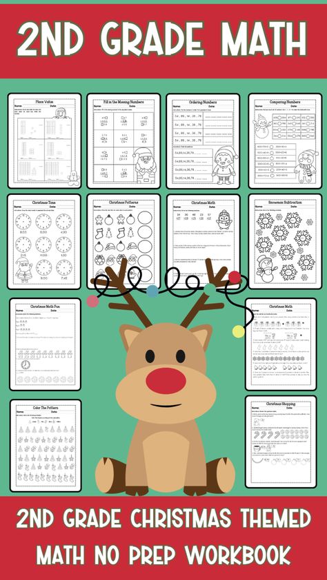 2nd Grade Math Christmas Themed Workbook No Prep Christmas Math Activities 2nd Grade, Christmas Math Worksheets 2nd Grade, Christmas School Worksheets, Christmas Math 2nd Grade, Christmas 2nd Grade, Christmas Lesson Plan, Holiday Math Worksheets, December Math, Christmas Math Worksheets