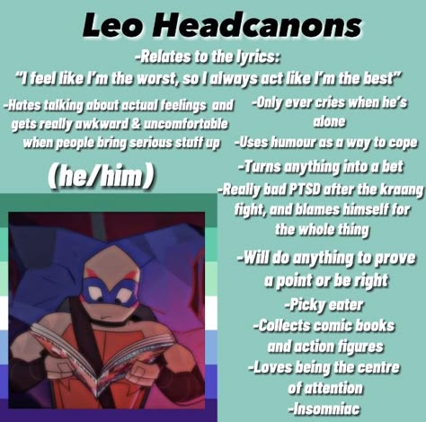 2012 Leo And 2018 Leo, Tmnt Leo Headcanons, Tmnt 2012 Headcanons Leo, Rottmnt Leo X Usagi Comic, Rottmnt Leo Sacrifice, Villain Leo Rottmnt, Leo Kinnie Rottmnt, Feral Leo Rottmnt, Transmasc Leo Rottmnt