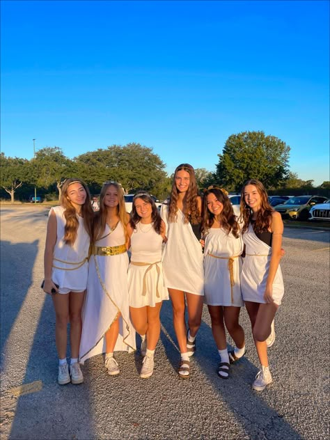 Fantasy Themed Party Costume, Greek Goddess Group Costume, Greek Costume Ideas, Greek Dress Up Costumes, Greek Night Outfit, Greek Gods Group Costume, Greek Night Theme Football, Toga Day Spirit Week, Greece Costume Ideas