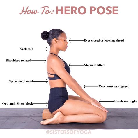 Sisters Of Yoga Collective on Instagram: “#SistersOfYoga #SOYTutorial . BENEFITS OF HERO POSE . ▫️Stretches hips, thighs, knees, ankles & feet . ▫️Therapeutic for asthma & high…” Hero Pose Yoga, Yoga Inner Thigh, Stretches Hips, Warrior Yoga Sequence, Bow Pose Yoga Benefits, Crow Pose Yoga, Hero Pose, Yoga Sutra, Asana Yoga