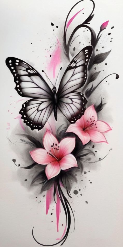 Butterfly Tattoo Words, Shoulder Butterfly Tattoos For Women, Butterfly And Flower Tattoo Designs, Exotic Flower Tattoos, Flower And Butterfly Tattoo, Butterfly And Flower Tattoo, Butterfly Tattoo Design, Butterfly Tattoos Images, Butterfly Tattoo Ideas