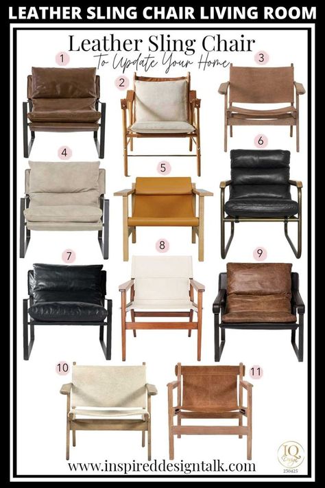 leather sling chair Small Leather Chairs, Leather Chair Living Room, Save Or Splurge, Leather Sling Chair, Comfortable Accent Chairs, Accent Chair Bedroom, Living Room Furniture Arrangement, Chair Ideas, Best Leather