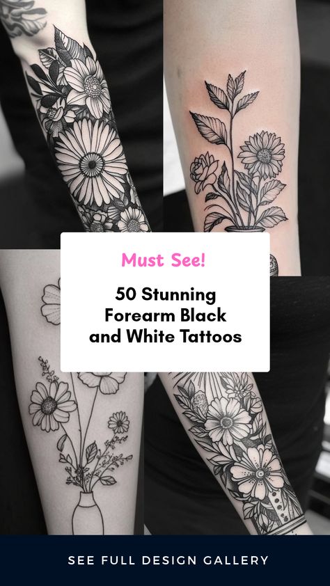 Explore 50 different stunning forearm black and white tattoo ideas perfect for your the next tattoo session. See unique designs including intricate patterns and bold statements. Tattoo Ideas Female Black And White, Forearm To Hand Tattoo, Female Forearm Tattoo Ideas Half Sleeves, Black And White Tattoo Ideas, White Tattoo Ideas, White Flower Tattoo, Black And White Tattoos, Filler Tattoos, Black And White Flower Tattoo