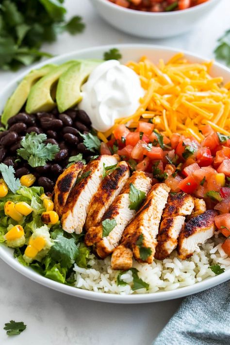 This chicken burrito bowl is just as good as Chipotle! Loaded with tender chicken, beans, rice, tomatoes, corn, and avocado, it has everything you crave. Chipotle Copycat Chicken, Chicken Avocado Bowl, Chicken Avacado, Chipotle Chicken Bowl, Chipotle Copycat, Chipotle Burrito Bowl, Chicken Beans, Chicken Taco Bowls, Chipotle Bowl