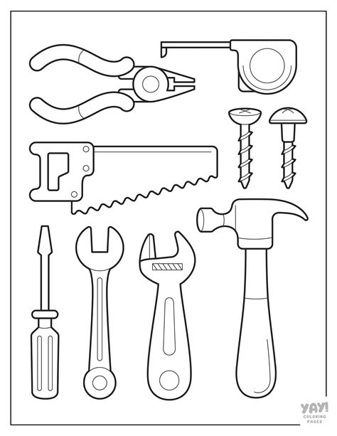 Construction tools coloring page with hammer, saw, measuring tape, nails, and more. Tools Coloring Pages Free Printable, Construction Tools Printable, Tool Crafts For Kids, Construction Cones Printable, Tools Coloring Page, Tool Activities For Preschool, Construction Colouring Pages, Construction Worksheets For Preschoolers, Construction Coloring Pages Free