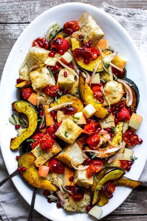 A Friendsgiving Supper Club: Autumn Panzanella Salad and Tomato Cobbler — My Diary of Us Winter Panzanella Salad, Tomato Cobbler, Friendsgiving Menu, Winter Side Dishes, Fall Veggies, Panzanella Salad, Drop Biscuits, Fall Cooking, Autumn Salad