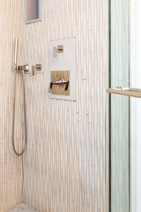 walk-in shower ideas bamboo tile Bamboo Tile, Walk In Shower Ideas, Ceiling Shower Head, Statement Tiles, Shower Tiles, Geometric Floor, Striped Walls, Limestone Tile, White Shower