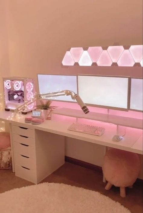 Pink Gaming Room, Games Room Inspiration, Chambre Inspo, Room Vanity Ideas, Bilik Idaman, Sony Bravia, Gamer Setup, Gamer Room Decor, Bedroom Setup