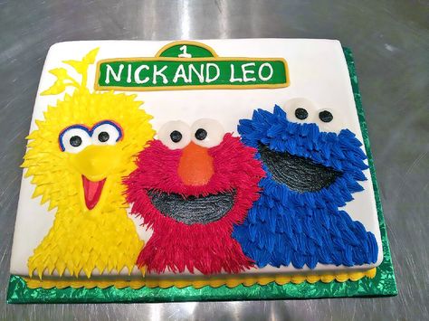 1st Birthday, Big Bird, Cake, Cookie Monster, Elmo, Kids, Sesame Street Sesame Street Birthday Party Ideas Boy, Sesame Street Birthday Cakes, Elmo Birthday Party Boy, Elmo Birthday Cake, Monster Birthday Cakes, Birthday Cake Cookies, Cookie Monster Birthday Party, Sesame Street Cake, Baby Boy Birthday Cake