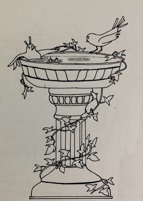 Fountain Drawing Sketching, Bird Bath Painting, Bird Bath Drawing, Birdbath Tattoo, Bird Bath Tattoo, Water Fountain Tattoo, Fancy Art Painting, Fountain Sketch, Fountain Tattoo