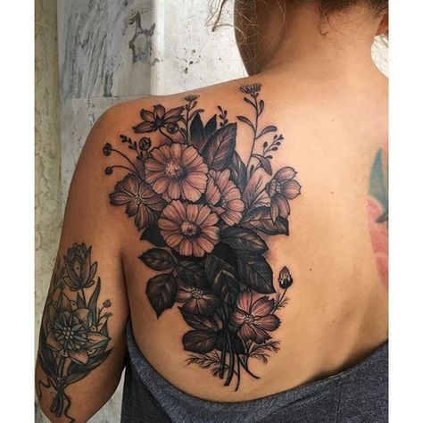 Large black and grey back bouquet by @pooka. #bouquet #flowers #floral #botanical #blackandgrey #pooka Womens Back Tattoo Ideas, Floral Cover Up Tattoo Before And After, Cover Up Shoulder Tattoos For Women, Color Cover Up Tattoo, Shoulder Cover Up Tattoos For Women, Big Cover Up Tattoos For Women, Dark Tattoo Cover Up Ideas For Women, Shoulder Cover Up Tattoos, Tattoo Coverups