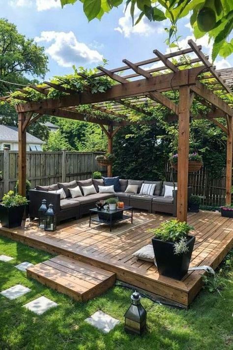 Pergola Seating, Design Backyard, Wooden Deck, Backyard Gazebo, Cozy Backyard, Backyard Gardening, Deck Designs, Backyard Renovations, Backyard Remodel