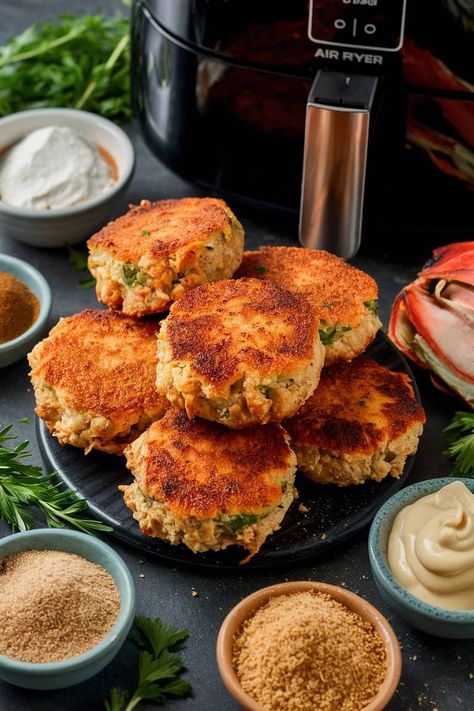 Crab cakes in the air fryer, now we're talking! There's something about that crispy, golden exterior that gets us drooling every time. Air fryers are like little magic boxes that make everything better, right? One Air Fryer Crab Cakes, Air Fryer Crab, Air Fryer Recipes Appetizers, Cake Calories, Quick Appetizers, Easy Air Fryer, Dinner Side Dishes, Air Fryers, Dinner Appetizers