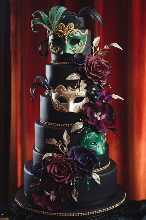 Dramatic Masquerade Birthday Cake with Elegant Masks and Roses Aesthetic Black Birthday, Black Cake With Red Roses, Masquerade Cake Ideas, Birthday Cake With Red Roses, Rose Masquerade Mask, Masquerade Ball Cake, Masquerade Wedding Theme, Birthday Cake Aesthetic Black, Masquerade Birthday Party Ideas