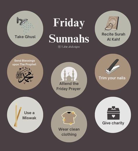 Friday Sunnahs to Embrace🤍 The Prophet ﷺ said, ‘The best day on which the sun has risen is Friday.’ — [Sahih Muslim 854] Let’s make every Jumu’ah special by following these beautiful Sunnahs: 1. Take Ghusl 2. Recite Surah Al-Kahf 3. Send Blessings upon the Prophet ﷺ 4. Attend the Friday Prayer 5. Trim your nails 6. Use a Miswak 7. Wear clean clothing 8. Give charity Follow us for more @t.ahir.ahdesigns ✨🌻 Which sunnah is your fav!! Tell us in comments below ⬇️✨🌻 #FridaySunnahs... Surah Kahf On Friday, Friday Prayer, Surah Kahf, Morning Dua, Surah Al Kahf, Al Kahf, The Friday, The Prophet, You Nailed It