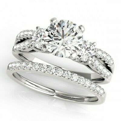 (eBay) 14K White Gold Over Diamond Three Stone Engagement Bridal Band Wedding Ring Set Simple Wedding Rings, Ring Upgrade, Dream Wedding Ring, Garnet And Diamond Ring, Ring Bands, Wedding Ring Ideas, Wedding Rings Round, Solitaire Engagement Rings, Dream Rings