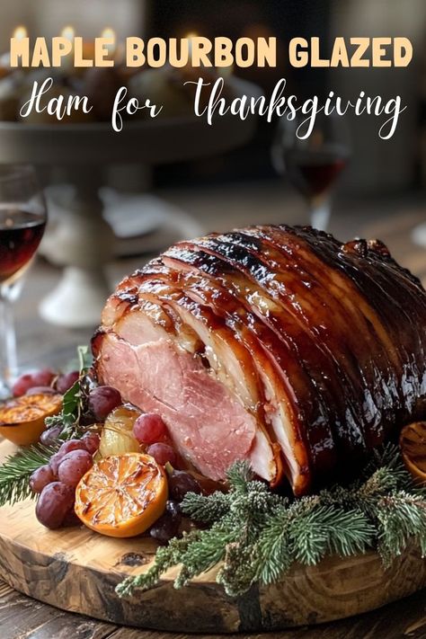 Add sweet and smoky flavor to your holiday table with maple bourbon glazed ham, a centerpiece worthy of any feast. #BourbonHam #HolidayMains Ham In Bone Recipe, Honey Maple Bourbon Glaze, Ham Glaze Bourbon, Maple Bourbon Glazed Ham, Honey Bourbon Ham Glaze, Bourbon Maple Glaze, Glaze For Smoked Ham, Maple Ham Glaze, Boars Head Ham Glaze Recipe