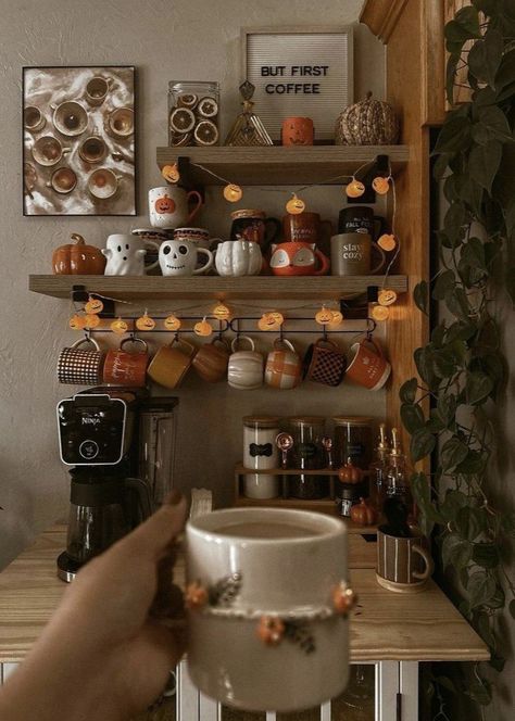 Tea Corner Ideas Small Spaces, Spooky Home Aesthetic, Fall Coffee Bar Ideas, Fall Coffee Station, Cozy Coffee Nook, Fall Coffee Bar, Studera Motivation, Fall Mood Board, Coffee Corner