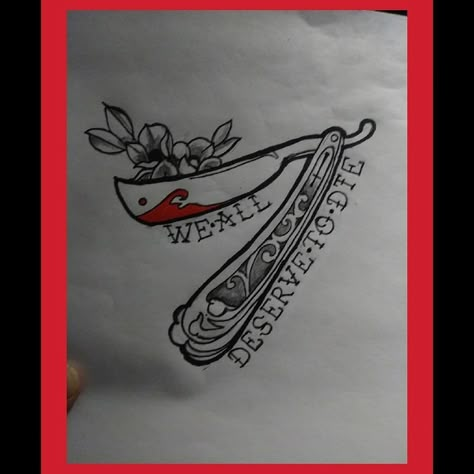 So a new piece I'm doing on myself impulsively. I can't help it. #sweeneytodd #sweeneytoddtattoo #tattoos #favorite #wealldeservetodie… Sweeney Todd Tattoo Straight Razor, Sweeny Todd Drawings, Tim Burton Patchwork Tattoo, Repo The Genetic Opera Tattoo, Sweeney Todd Tattoo Ideas, Sweeny Todd Tattoos, Sweeney Todd Tattoo, Tim Burton Flash Tattoo, Sweeney Todd Art