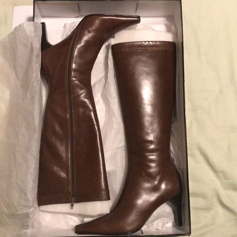 Chestnut Leather Boots In Excellent Condition (Never Worn!). Patent Leather Brown Boots, Chestnut Leather Boots, Thrift Bundle, Dark Brown Leather Boots, Dressing Ideas, Style Moodboard, Chestnut Leather, Leather Boots Heels, Brown Leather Heels