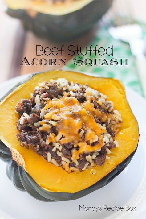 Beef Stuffed Acorn Squash | Mandy's Recipe Box Beef Stuffed Acorn Squash, Stuffed Acorn Squash Recipes, Stuffed Acorn Squash, Acorn Squash Recipes, Easy Meal Plans, Acorn Squash, Squash Recipes, Beef Dishes, Casserole Recipes