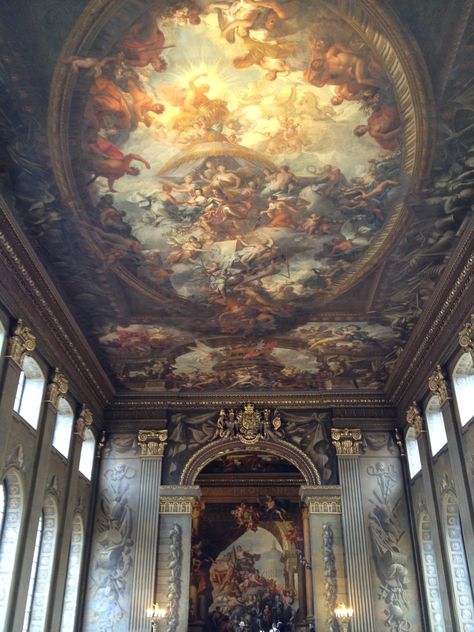 Greenwich, England. Old Royal Naval College. The paintings are too impressive to capture on film. Jaw-dropping impressive. Royal Naval College Greenwich, Old Royal Naval College, University Of Greenwich, Places In England, England Trip, Painted Ceiling, Old Paintings, Summer 2014, World Heritage Sites