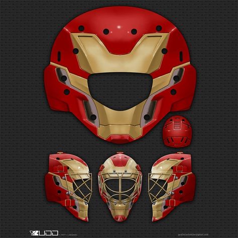 Goalie Customizer on Instagram: “Just some quick digital painting practice with this Iron Man mask concept. Should I do some more of these? Maybe gear to match? . . .…” Hockey Goalie Pads, Mask Concept, Mask Inspiration, Hockey Helmets, Iron Man Mask, Goalie Gear, Goalie Pads, Hockey Helmet, Gear Design