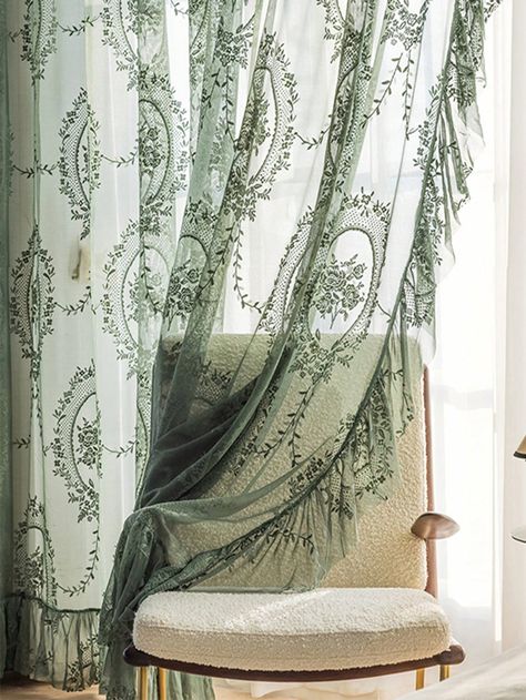 1PC Dark Green Sheer Vintage Tulle Curtains Elegant Ruffle Embroidered Flowers Light Filtering Window Drapes for Bedroom BalconyI discovered amazing products on SHEIN.com, come check them out! Dark Green Sheer Curtains, Pink And Green Curtains, Green Sheer Curtains, Ruffle Curtains, Drapes For Bedroom, Lace Curtain, Tulle Curtains, Nursery Room Inspiration, Green Curtains