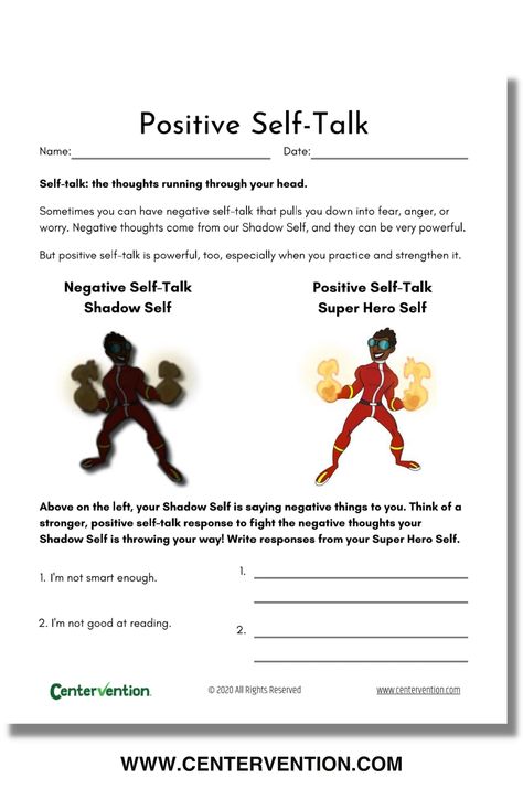 Positive Self Talk for Kids: Student Printable & Activity Self Esteem Lessons For Middle School, Self Love School Activities, Cbt Activities For Middle School, Middle School Self Esteem Activities, Negative Self Talk Worksheet, Self Efficacy Activities, Building Self Esteem In Kids, Self Esteem Activities For Kids Therapy, Positive Self Talk For Kids