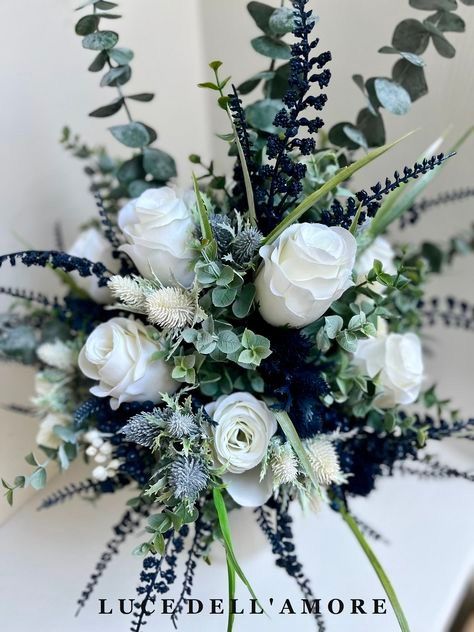 White And Navy Bouquet Wedding, Navy Blue And Emerald Green Wedding Flowers, Dark Eucalyptus Bouquet, Navy And Sage Wedding Bouquet, Navy Blue Silver Green Wedding, Navy Gold Wedding Flowers, White And Navy Floral Arrangements, Blue Themed Wedding Bouquets, Navy Blue And Silver Wedding Flowers