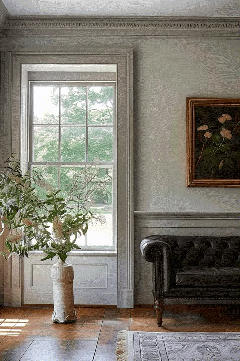 The Best Trim Colors To Paint In Your Home Cream Wall Dark Trim, Darker Trim Lighter Walls Farmhouse, Contrast Trim Benjamin Moore, English Craftsman Homes, White Walls Darker Trim Living Room, Taupe Trim Interior, Light Walls With Dark Trim Paint Colours, White Walls With Different Color Trim, Darker Painted Trim