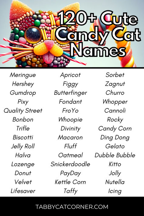 a pin showing a cat made from candy and suggested candy themed cat names Pretty Usernames, List Of Candy, Getting A Cat, Dessert Names, French Candy, Cow Names, Unique Treats, Candy Cat, Cute Cat Names