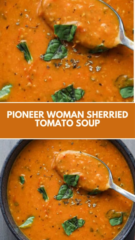 This delicious Pioneer Woman Sherried Tomato Soup is a creamy and comforting meal that’s perfect for chilly days. It’s quick and easy to make, using common ingredients like canned tomatoes and heavy cream. Enjoy it with crispy bread for the ultimate cozy experience! Meals With Tomato Soup, Pioneer Woman Tomato Soup, Pioneer Woman Soups, Easy Homemade Tomato Soup, Pioneer Kitchen, Crispy Bread, Tomato Soup Homemade, Tomato Soup Recipe, Canned Tomatoes