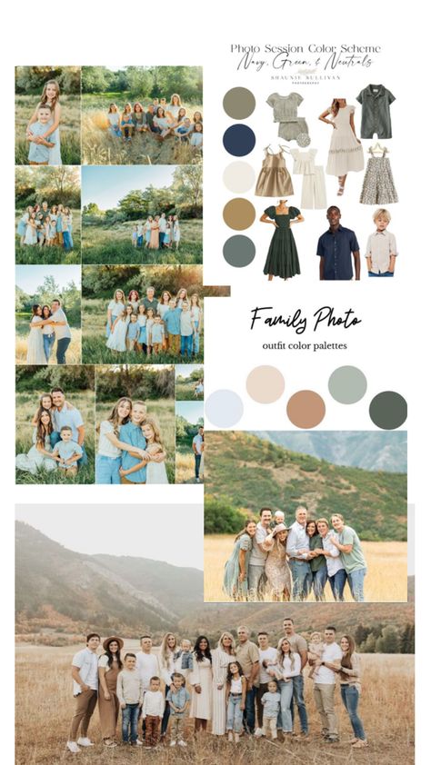 Fall Family Pictures Blue, Sage Fall Family Photos, Green Blue Cream Family Photos, Blue Cream Brown Family Photos, Blue Green Neutral Family Photos, Blue Tan Green Family Photos, Spring Family Photos Color Scheme, Blue Green Tan Family Pictures, Blue And Green Family Photo Outfits