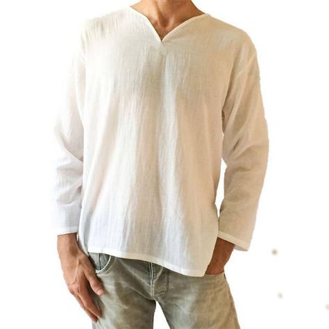 Mens 100%Cotton V-neck Long Sleeve T Shirt Loose Fit Casual Solid Color Tops on sale-NewChic Mobile V Neck T Shirt Men, Beach Meditation, Summer Dresses Diy, Yoga Beach, White Tshirt Men, Estilo Hippie, Hippie Shirt, Beach Yoga, Yoga Top