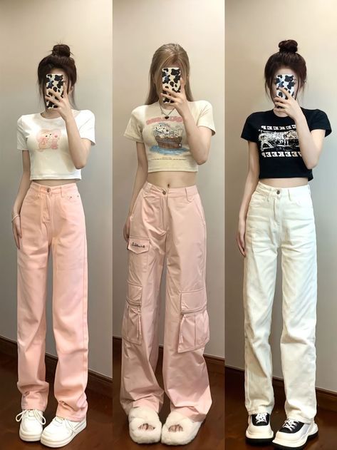 Save=Follow Korean Crop Top Outfits, Crop Top Outfits Korean Style, Spring Korea, Outfit Korean Style, Simple Style Outfits, Color Combos Outfit, Spring Denim, Outfit Korean, Fashion Top Outfits