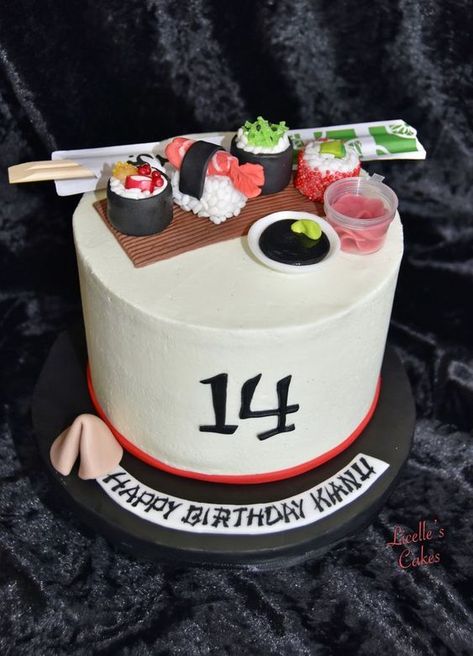 Savsgotcake Sushi Cakes Ideas, Hibachi Birthday Cake, Sushi Cake Design, Sushi Birthday Cake Ideas, Japanese Birthday Cake Ideas, Japan Cake Design, Sushi Themed Cake, Sushi Cake Ideas, Japanese Theme Cake