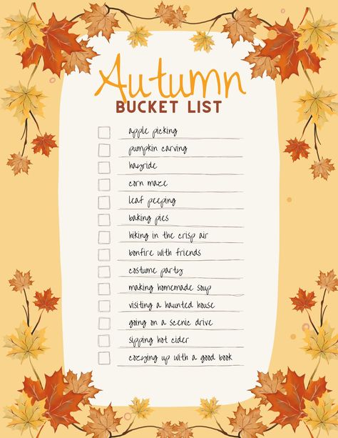 Have fun completing an Autumn Bucket List or Make your own. This is a 2 page downloadable, printable checklist. Enjoy everything that Autumn has to offer. October To Do List, Autumn Checklist, Fall Checklist, Autumn Bucket List, Bucket List Printable, Autumn Adventures, Newsletter Ideas, Walk Idea, Fall Family Fun