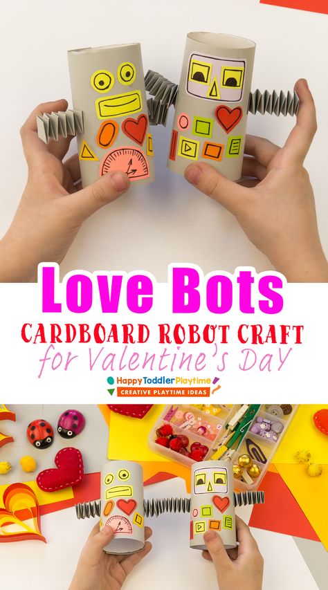 Love Bot: A Valentine's Day Cardboard Robot Craft for Kids - Happy Toddler Playtime Valentines Robots, Cardboard Robot, Robot Craft, Math Valentines, Math Crafts, Valentine Day Boxes, Toddler Valentines, Craft For Kids, Kid Crafts