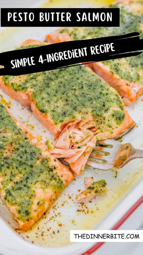 Impress your dinner guests with this stunning Pesto Butter Salmon! This simple, 4-ingredient dish brings together the earthiness of basil pesto, the luxuriousness of butter, and the savory tang of lemon juice for a truly unforgettable meal. Get ready for an explosion of flavors that'll have everyone coming back for seconds! Salmon Recipes With Pesto Sauce, Butter Pesto Salmon, Keto Pesto Salmon, Salmon With Pesto Sauce, Baked Salmon Pesto, Basil Salmon Recipes, Salmon Recipes For One Person, Salmon Milano With Basil Pesto Butter, Lemon Pesto Salmon