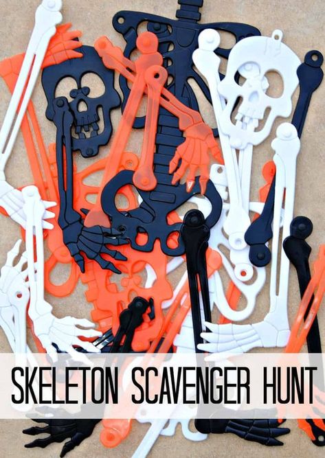 Create and play this easy skeleton scavenger hunt using skeletons from your local dollar store.  #halloween #halloweengames Skeleton Scavenger Hunt, Easy Halloween Games, Fun Halloween Party Games, Fun Halloween Games, Halloween Class Party, Halloween Scavenger Hunt, Diy Halloween Games, Halloween Fest, Halloween Games For Kids