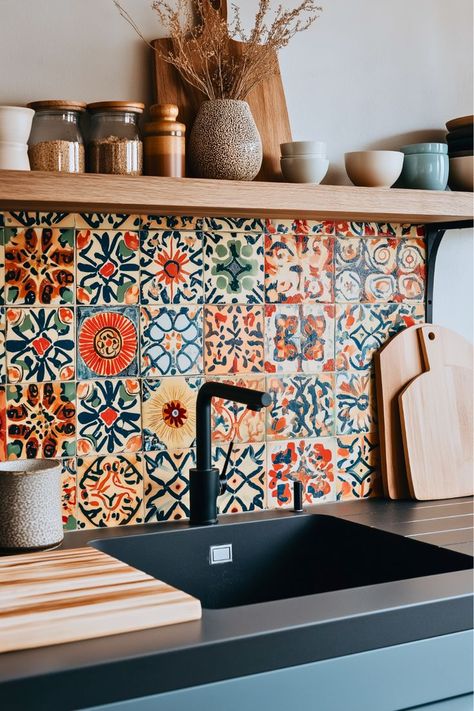 Want to let your backsplash do the talking? This Boho kitchen sink area features a vibrant tile backsplash with Moroccan-inspired patterns, making the sink area the centerpiece. The colorful, hand-painted tiles bring personality and energy to your kitchen. Add this to your kitchen decor inspiration for a vibrant, joyful space. Boho Kitchen Sink, Boho Backsplash, Kitchen Sink Inspiration, Moroccan Tiles Kitchen, Moroccan Style Kitchen, Kitchen Sink Area, Sink Inspiration, Moroccan Kitchen, Bold Boho