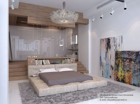 A staircase up to a run of wardrobes makes the dressing area of this master bedroom a stage. Sunken Bedroom, Sunken Bed, Diy Futon, Futon Living Room, Futon Decor, Futon Bedroom, Modern Futon, Modern Platform Bed, Futon Sofa