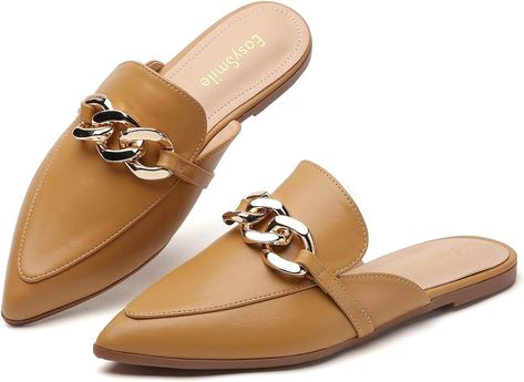 Amazon.com | EasySmile Metal Chain Decor Flat Mules for Women Closed Pointed Toe Slip on Loafers Slides Backless Mules Shoes | Mules & Clogs Corporate Girly, Getting Ready For Fall, Pointed Loafers, Casual Work Clothes, Women Business Casual, Cyndi Spivey, Loafers Outfit, Chain Decor, Pointed Flats