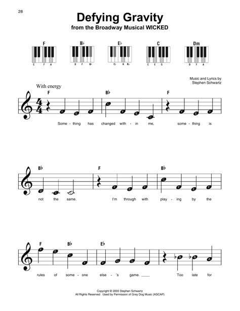 Download and Print Defying Gravity (from Wicked) sheet music for Super Easy Piano by Stephen Schwartz from Sheet Music Direct. Clarinet Sheet Music Pop Songs Easy, Clarinet Music Easy, Beginner Keyboard Sheet Music, Piano Sheet Music With Letters Popular, Defying Gravity Lyrics, Piano Letters Songs, Abba Songs, Piano Letters, Piano Sheet Music Easy