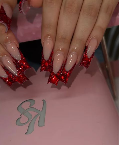 Red Righnstone Nails, Red Nails Acrylic Birthday Set, Red Diamond Acrylic Nails, Red Diamond Nail Designs, Red Diamond Nails Rhinestones, Red Long French Tip Nails, Red French Tip Nails Almond With Rhinestones, Red Frenchies Acrylic Nails, Gold And Red Prom Nails